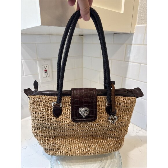 Brighton Handbags - BRIGHTON Handbag Braided Leather Woven Straw Rafia Satchel Purse Heart Y2K